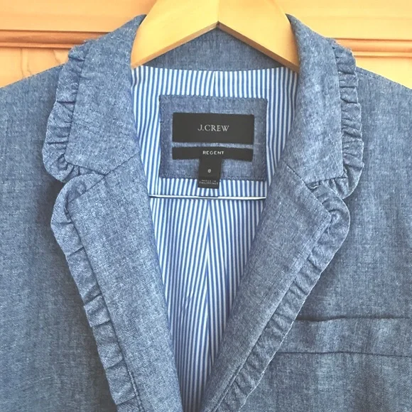 NWOT J. Crew Regent Single Button Blue Chambray Ruffle Blazer Women's Size 8 - Picture 3 of 16